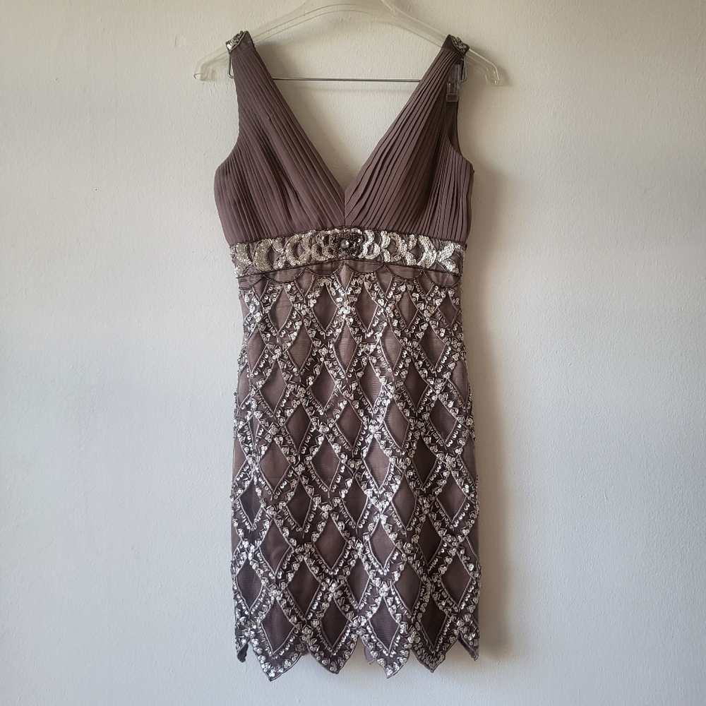 Sue Wong Nocturne Brown Beaded Pleat Sequin Formal Flapper Mini Dress Size 2